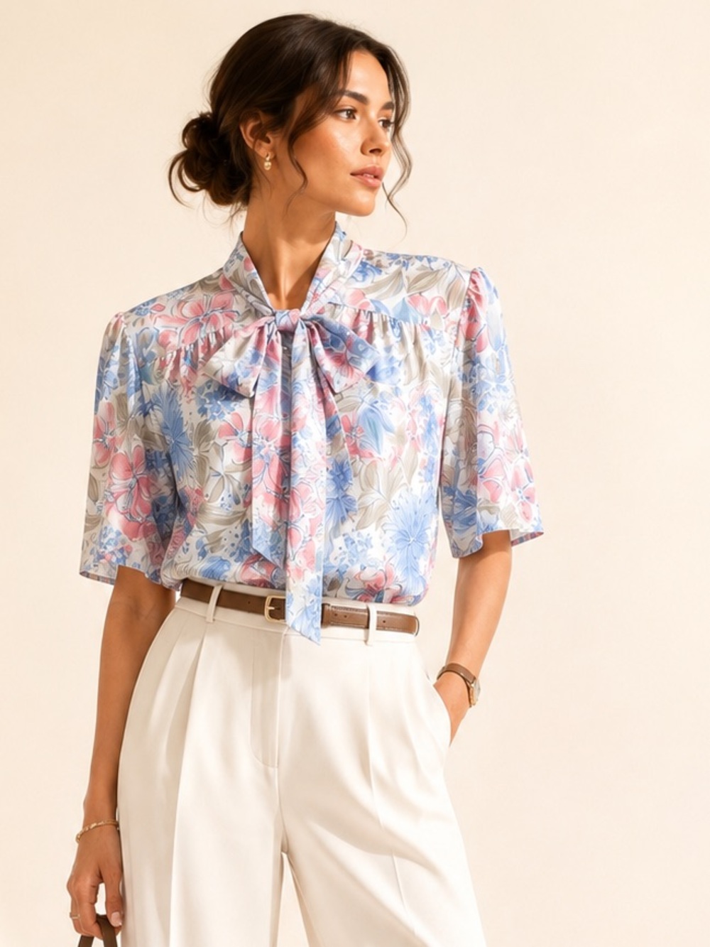 Vintage Floral Tie Neck Blouse Princess Shoulders Romantic Statement Sz L